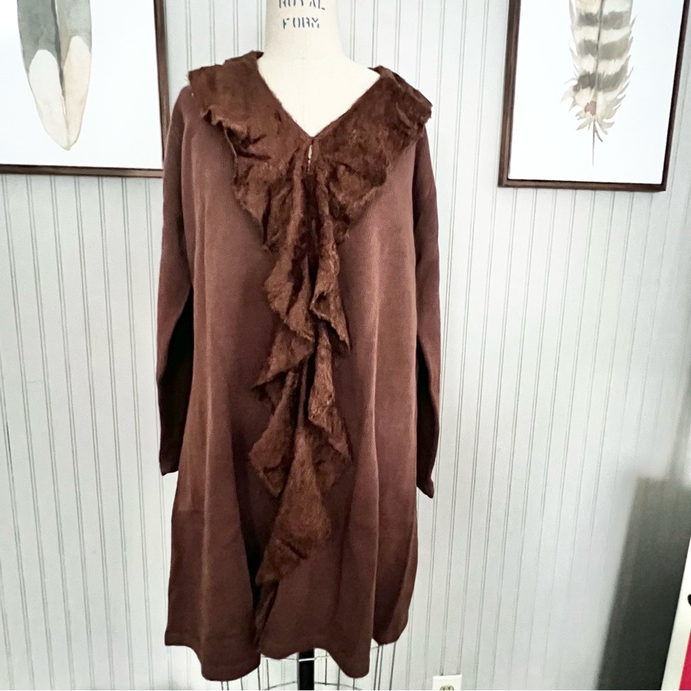 Storybook Knits NWT Sherpa Ruffle Front Long Lined Cardigan Sweater Brown